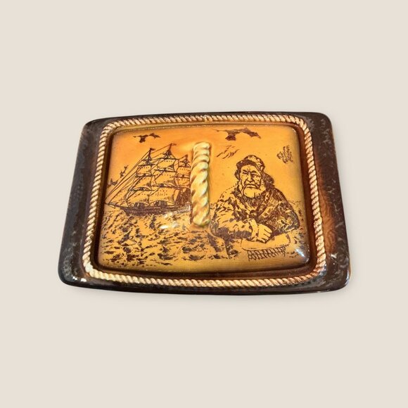 Vintage Nautical Ceramic Trinket Box With Sailor & Ship Illustration 7.7"x5" Bro - Picture 2 of 11